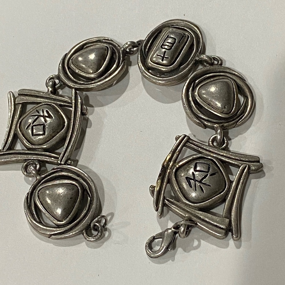Heavy Chunky Pewter 6 links Chinese Oriental Symbols Bracelet